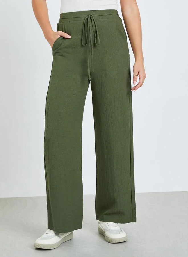 Take Two Women Dark Green Textured Wide Leg Trousers